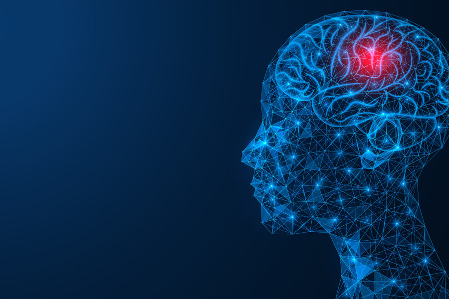 Headache. X-ray of the brain. A person suffering from migraines. Medical concept. Low-poly construction of concatenated lines and dots. Blue background.