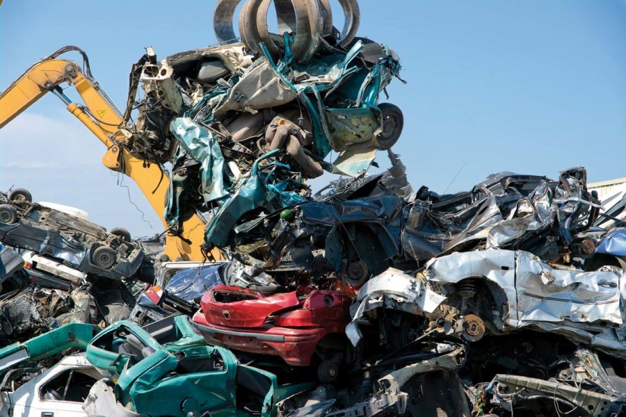 Crushed cars in a junkyard